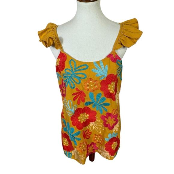 Andree by Unit Mustard Cotton Linen Floral Embroidered Ruffle Strap Tank Size M - Picture 1 of 7